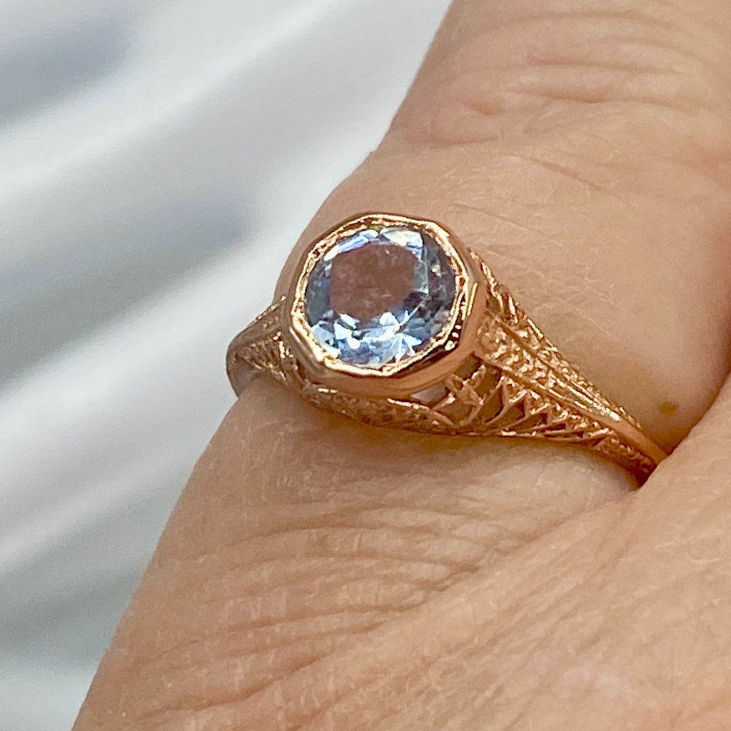 Natural blue topaz Ring, Rose gold plated over sterling silver, Dandelion style, D205, Silver Embrace Jewelry