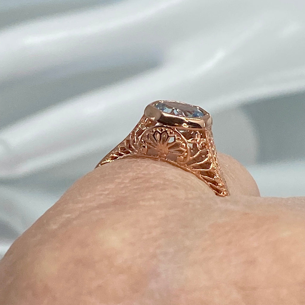 Natural blue topaz Ring, Rose gold plated over sterling silver, Dandelion style, D205, Silver Embrace Jewelry