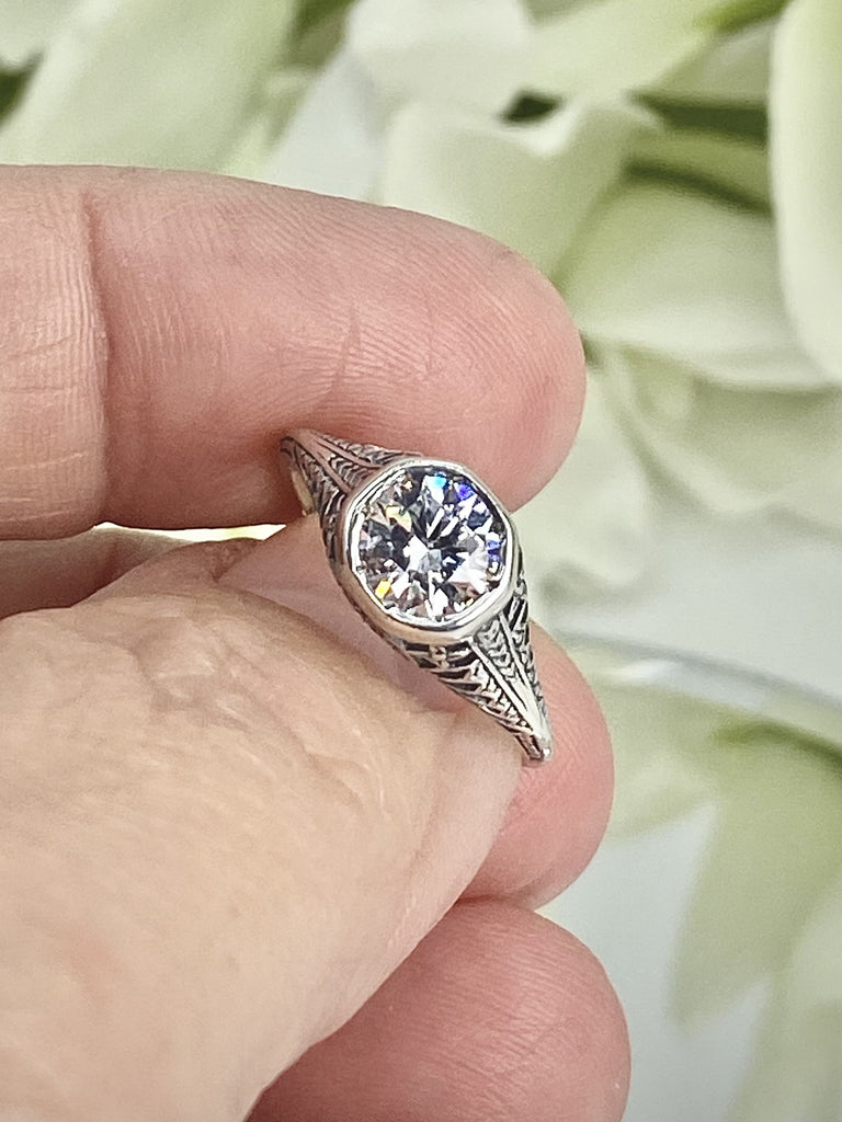 White CZ Ring, Cubic Zirconia ring, Faux diamond ring, sterling silver filigree, vintage ring, dandelion design, victorian jewelry, sterling silver jewelry, silver embrace jewelry, D205