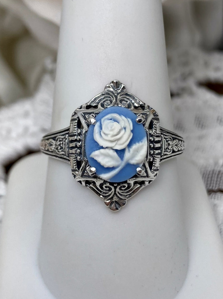 Blue & White Rose Cameo Ring, Vintage Jewelry, Silver Embrace Jewelry, Art Deco Jewelry with Egyptian style, Cleopatra Ring, D209
