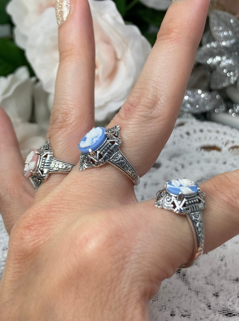 Blue & White Rose Cameo Ring, Vintage Jewelry, Silver Embrace Jewelry, Art Deco Jewelry with Egyptian style, Cleopatra Ring, D209