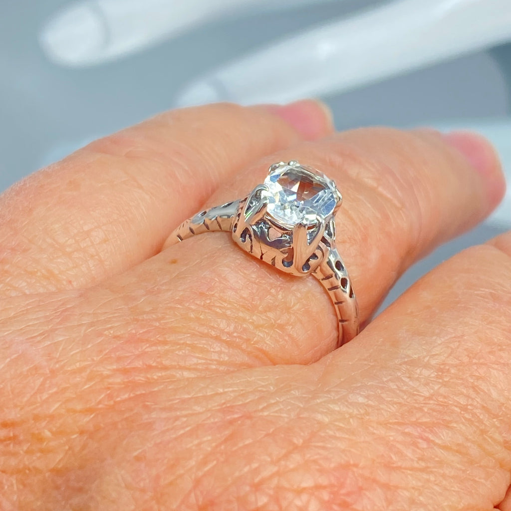 Natural White Topaz Ring, Old Victorian design, Sterling Silver Filigree, Beautiful solitaire wedding antique style ring D21, silver embrace jewelry