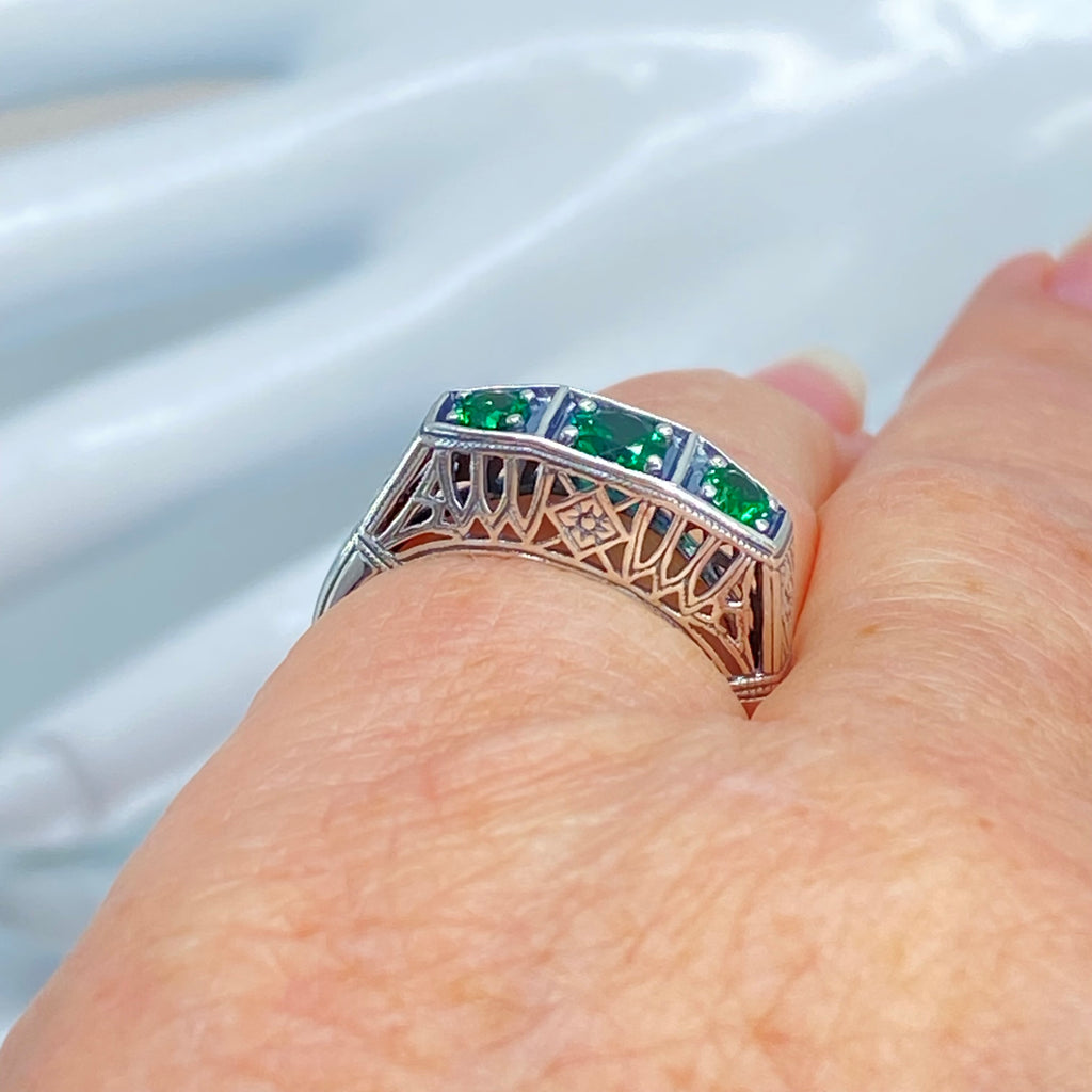 Natural Emerald Ring, 3 Gems, Lattice sterling silver filigree, edwardian style, D210, Silver Embrace Jewelry
