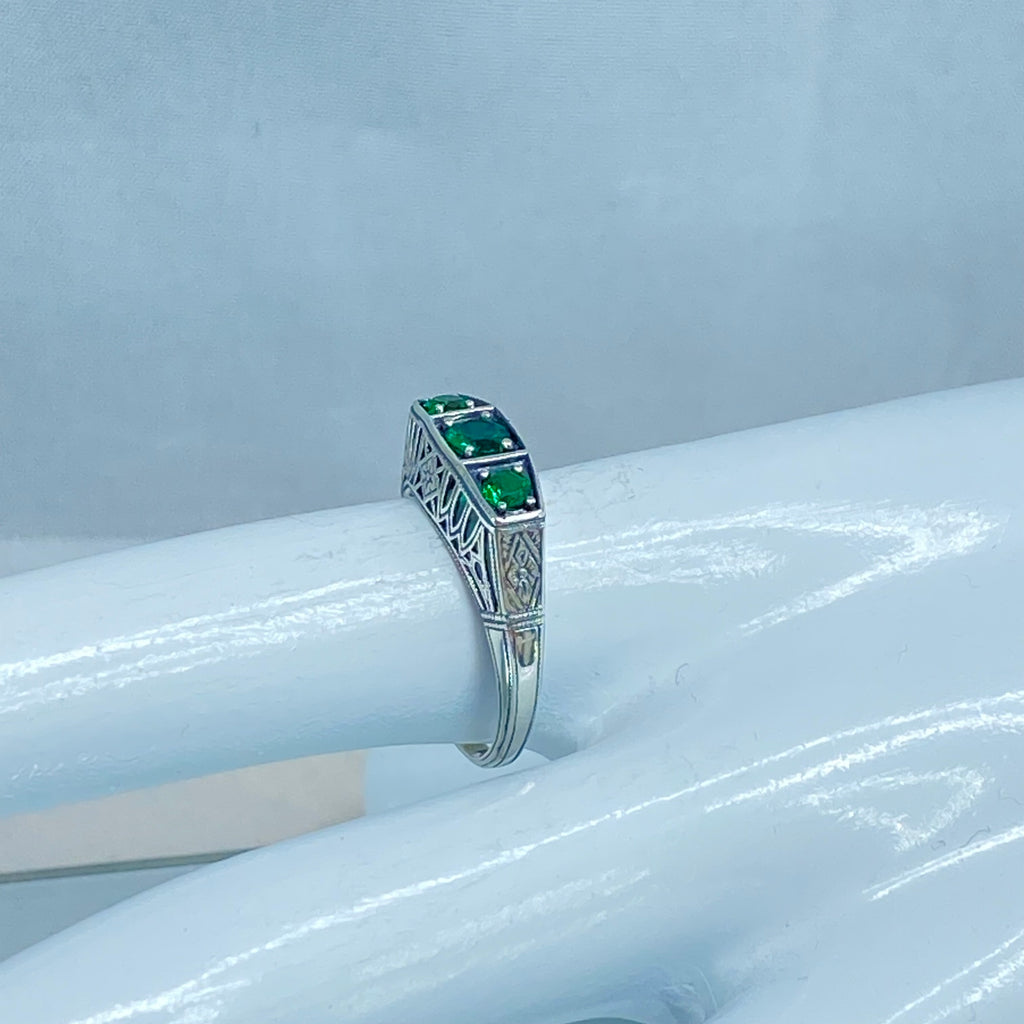 Natural Emerald Ring, 3 Gems, Lattice sterling silver filigree, edwardian style, D210, Silver Embrace Jewelry
