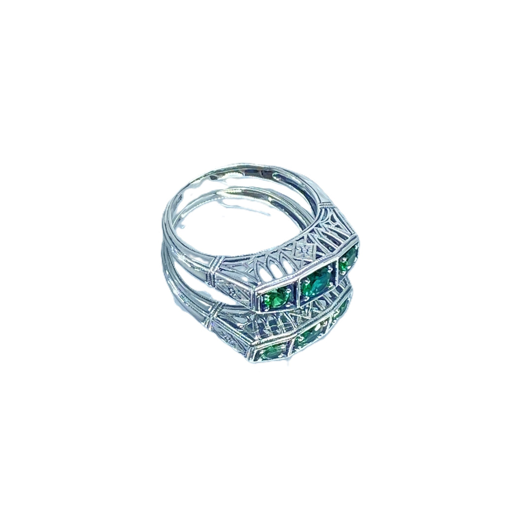 Natural Emerald Ring, 3 Gems, Lattice sterling silver filigree, edwardian style, D210, Silver Embrace Jewelry
