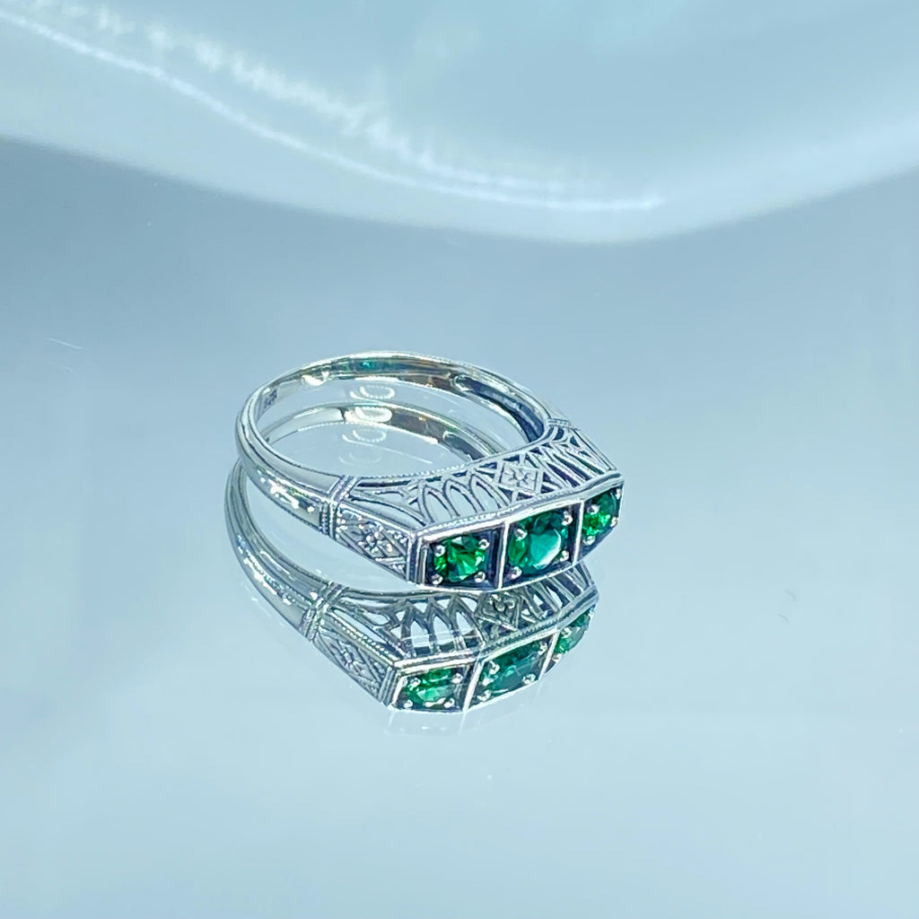 Natural Emerald Ring, 3 Gems, Lattice sterling silver filigree, edwardian style, D210, Silver Embrace Jewelry
