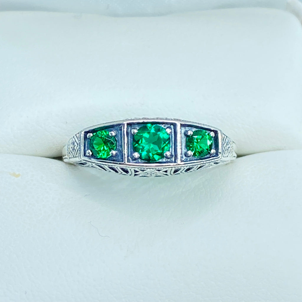 Natural Emerald Ring, 3 Gems, Lattice sterling silver filigree, edwardian style, D210, Silver Embrace Jewelry
