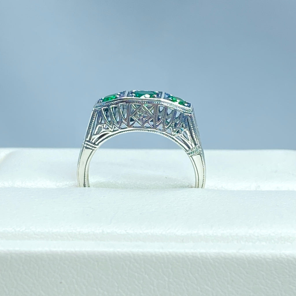 Natural Emerald Ring, 3 Gems, Lattice sterling silver filigree, edwardian style, D210, Silver Embrace Jewelry
