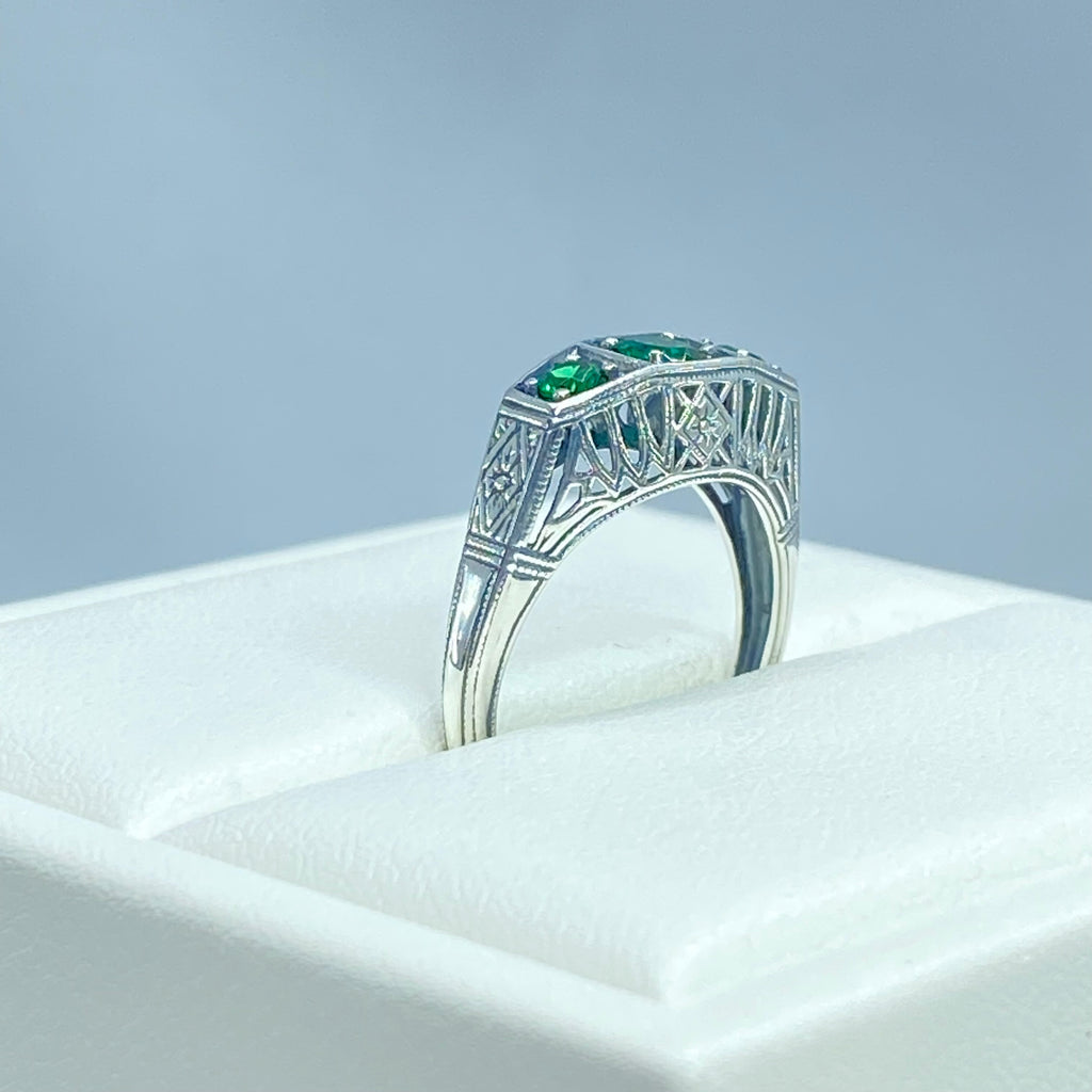 Natural Emerald Ring, 3 Gems, Lattice sterling silver filigree, edwardian style, D210, Silver Embrace Jewelry
