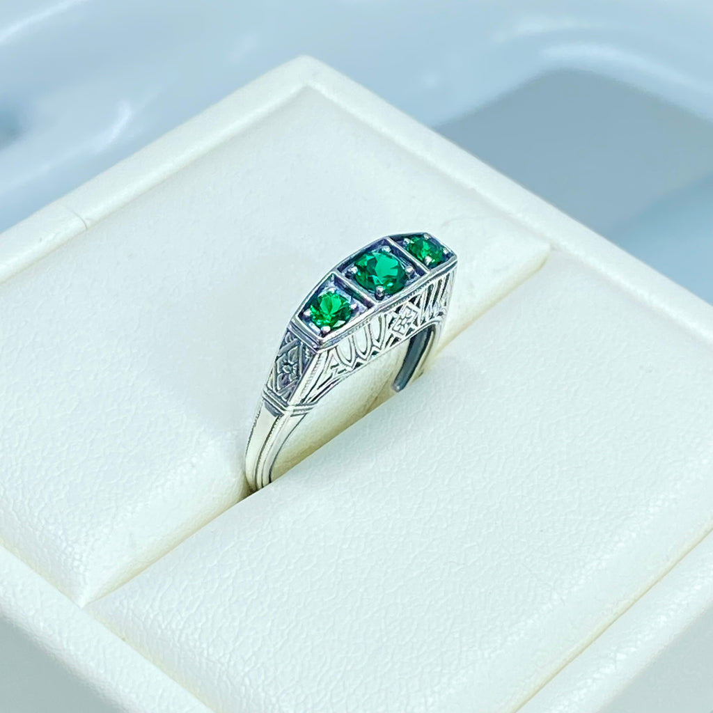 Natural Emerald Ring, 3 Gems, Lattice sterling silver filigree, edwardian style, D210, Silver Embrace Jewelry
