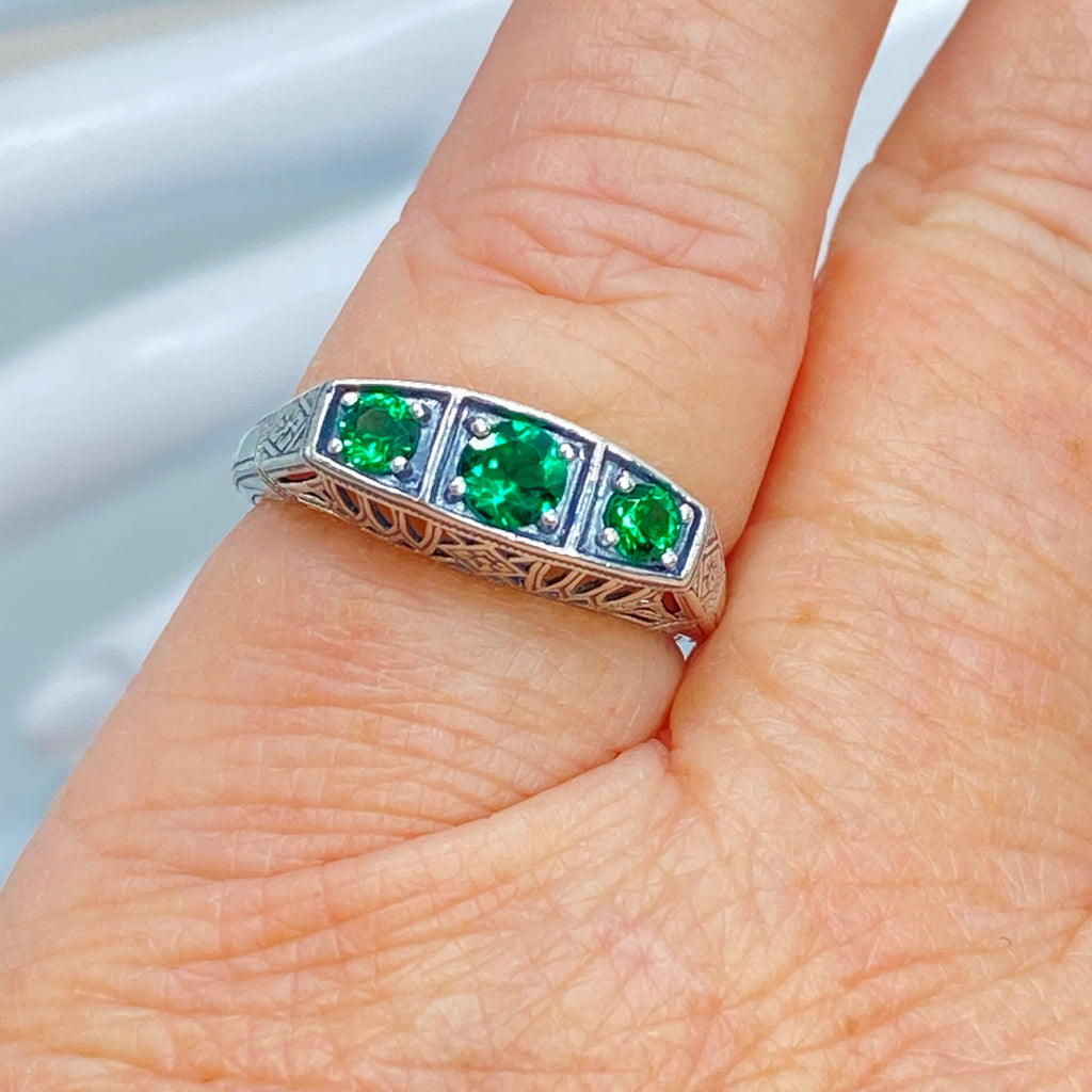 Natural Emerald Ring, 3 Gems, Lattice sterling silver filigree, edwardian style, D210, Silver Embrace Jewelry
