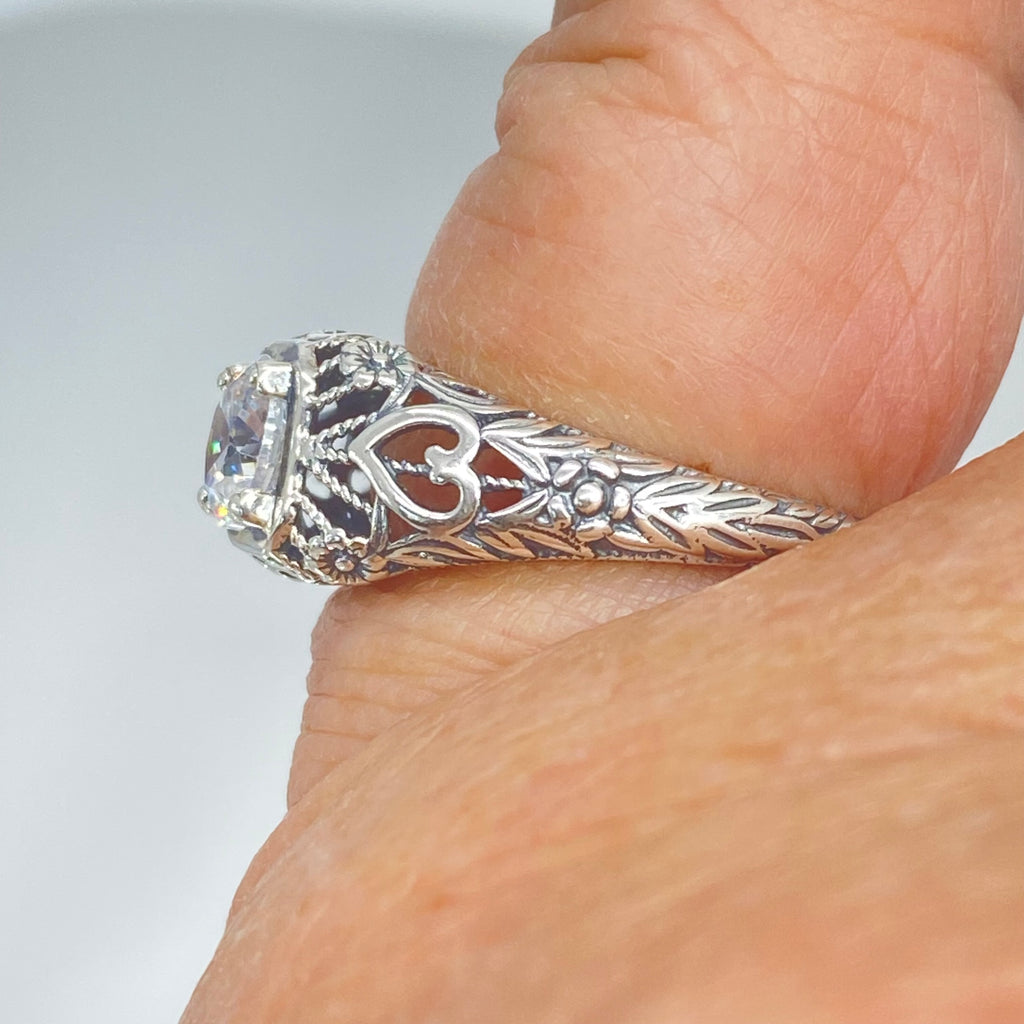 White CZ Ring, Sterling Silver Floral Filigree, Valentine Ring, D211
