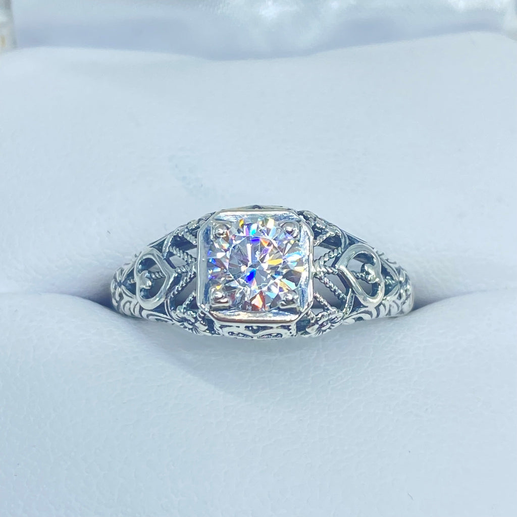 White CZ Ring, Sterling Silver Floral Filigree, Valentine Ring, D211