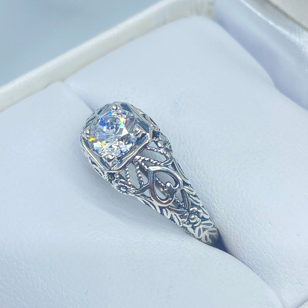 White CZ Ring, Sterling Silver Floral Filigree, Valentine Ring, D211