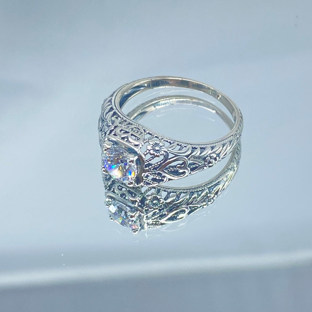 White CZ Ring, Sterling Silver Floral Filigree, Valentine Ring, D211