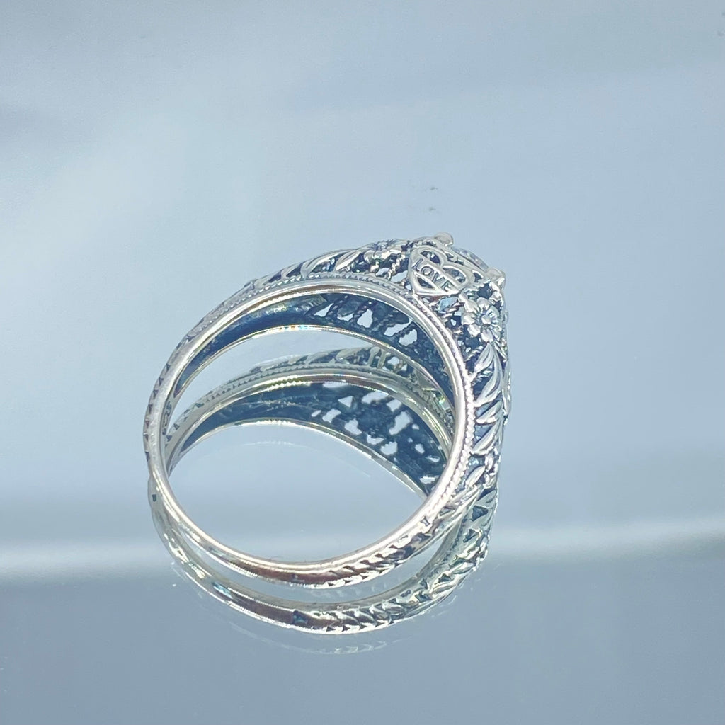 White CZ Ring, Sterling Silver Floral Filigree, Valentine Ring, D211