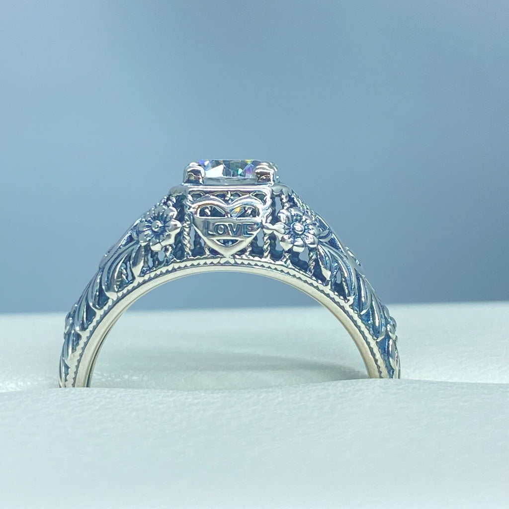 White CZ Ring, Sterling Silver Floral Filigree, Valentine Ring, D211