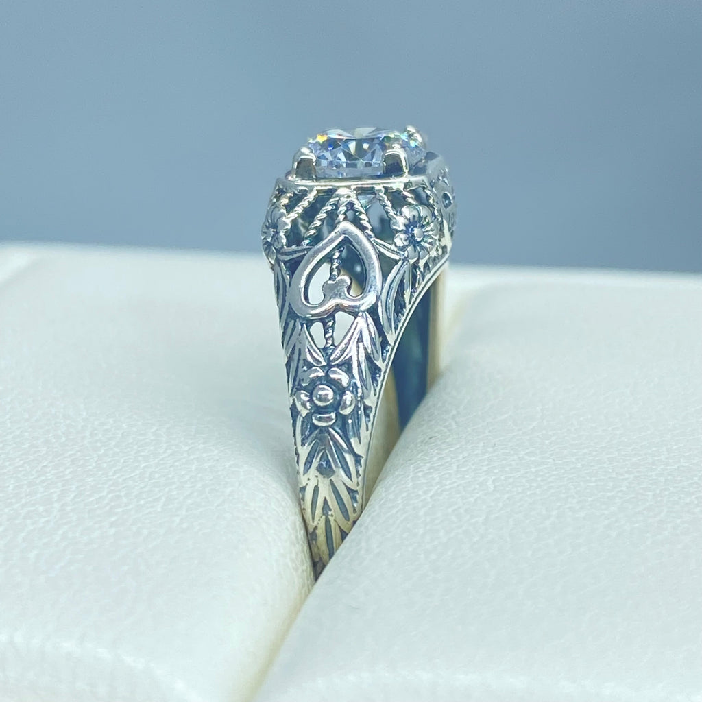 White CZ Ring, Sterling Silver Floral Filigree, Valentine Ring, D211