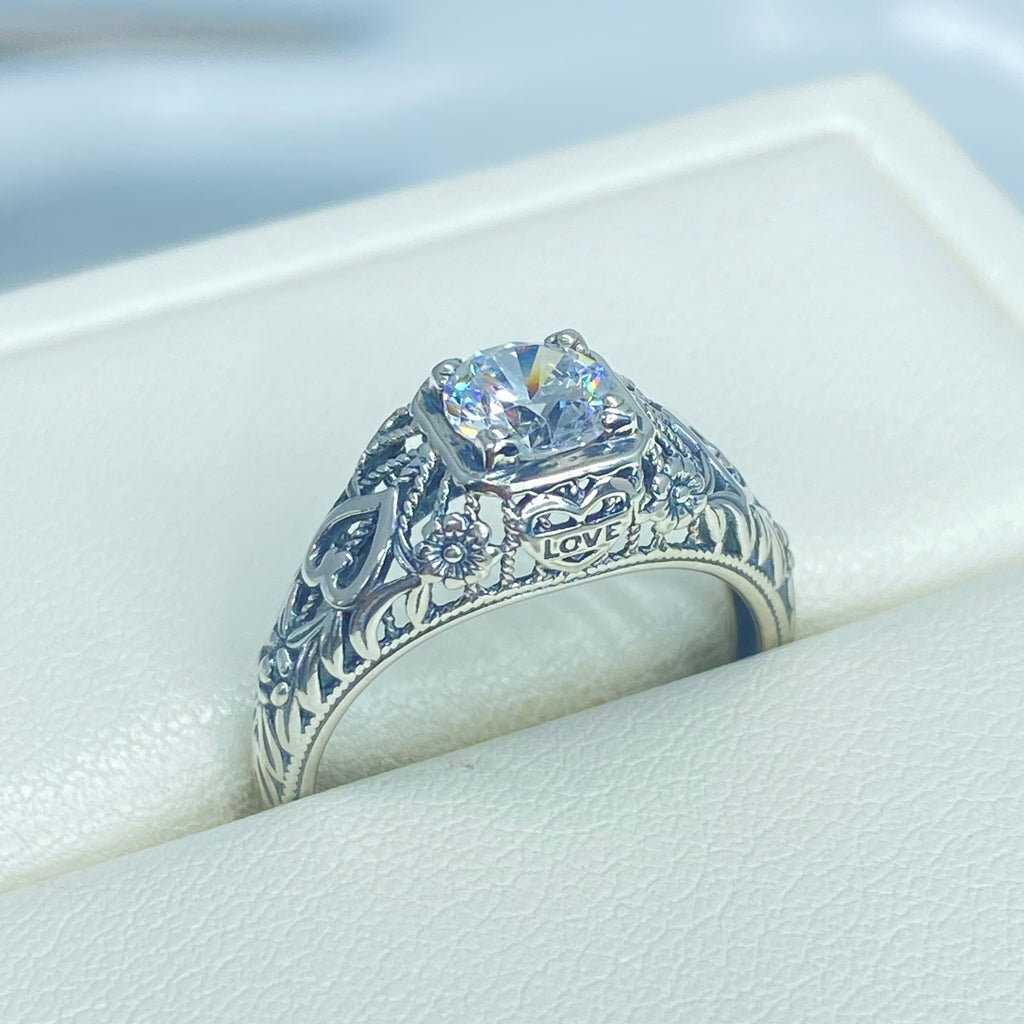 White CZ Ring, Sterling Silver Floral Filigree, Valentine Ring, D211