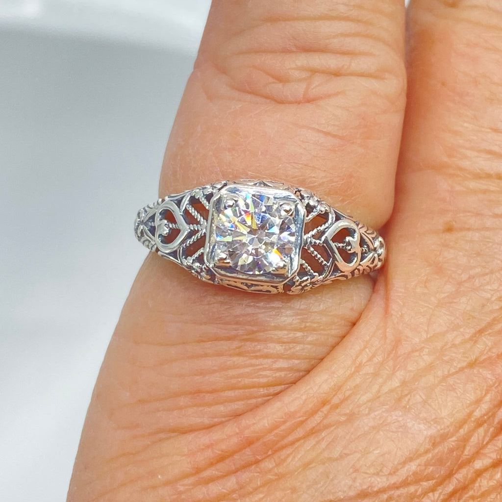 White CZ Ring, Sterling Silver Floral Filigree, Valentine Ring, D211