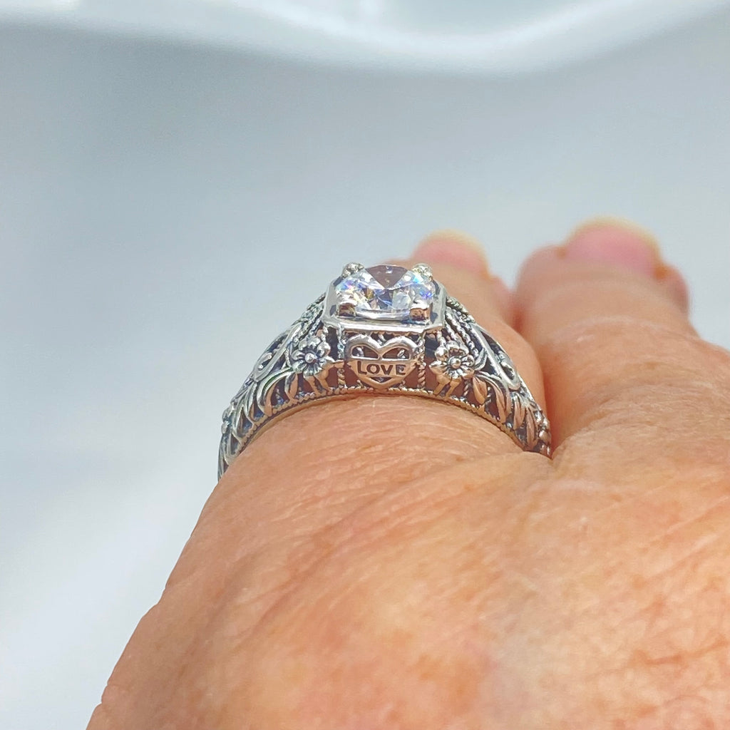 White CZ Ring, Sterling Silver Floral Filigree, Valentine Ring, D211