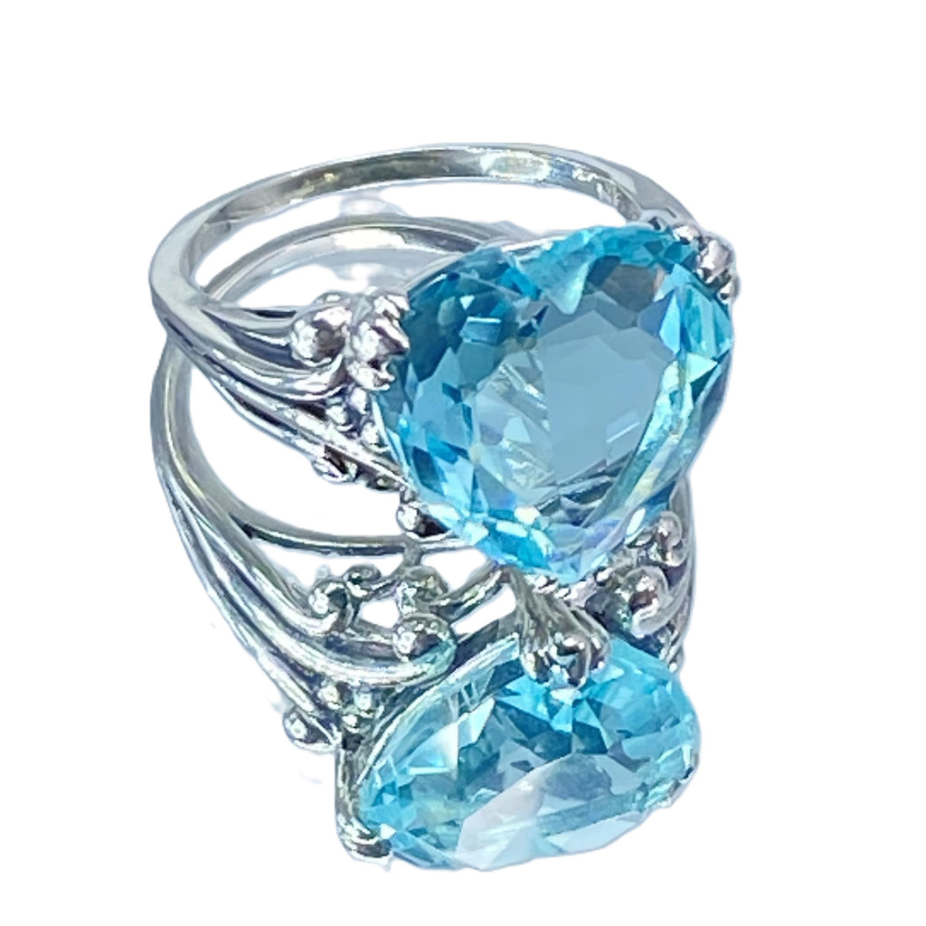 sky blue aquamarine ring with a heart shaped gem and gothic style sterling silver filigree, Silver Embrace Jewelry, D213, Heartleaf Ring