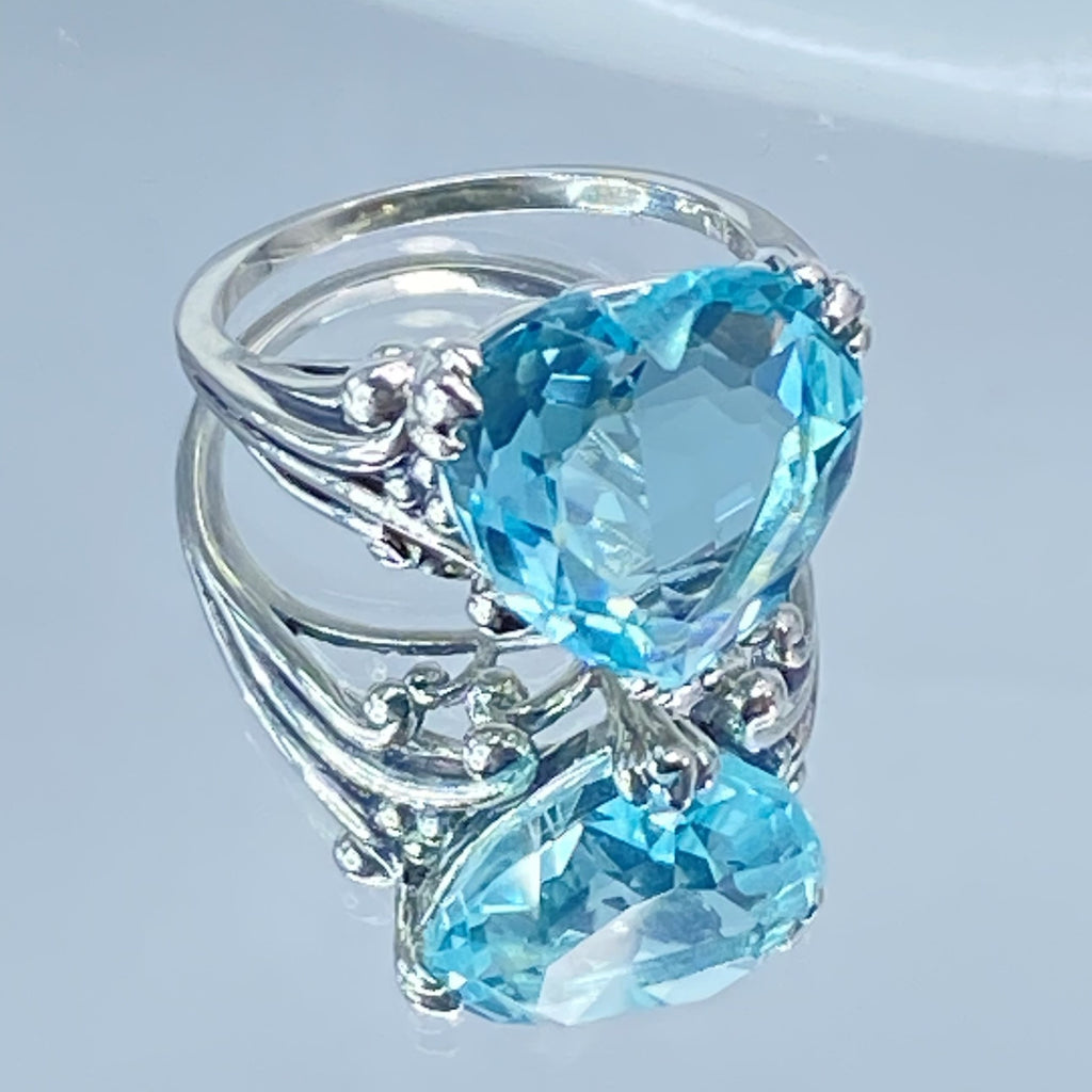 sky blue aquamarine ring with a heart shaped gem and gothic style sterling silver filigree, Silver Embrace Jewelry, D213, Heartleaf Ring