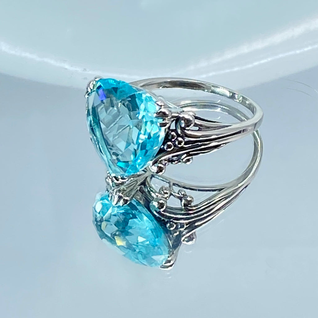 sky blue aquamarine ring with a heart shaped gem and gothic style sterling silver filigree, Silver Embrace Jewelry, D213, Heartleaf Ring