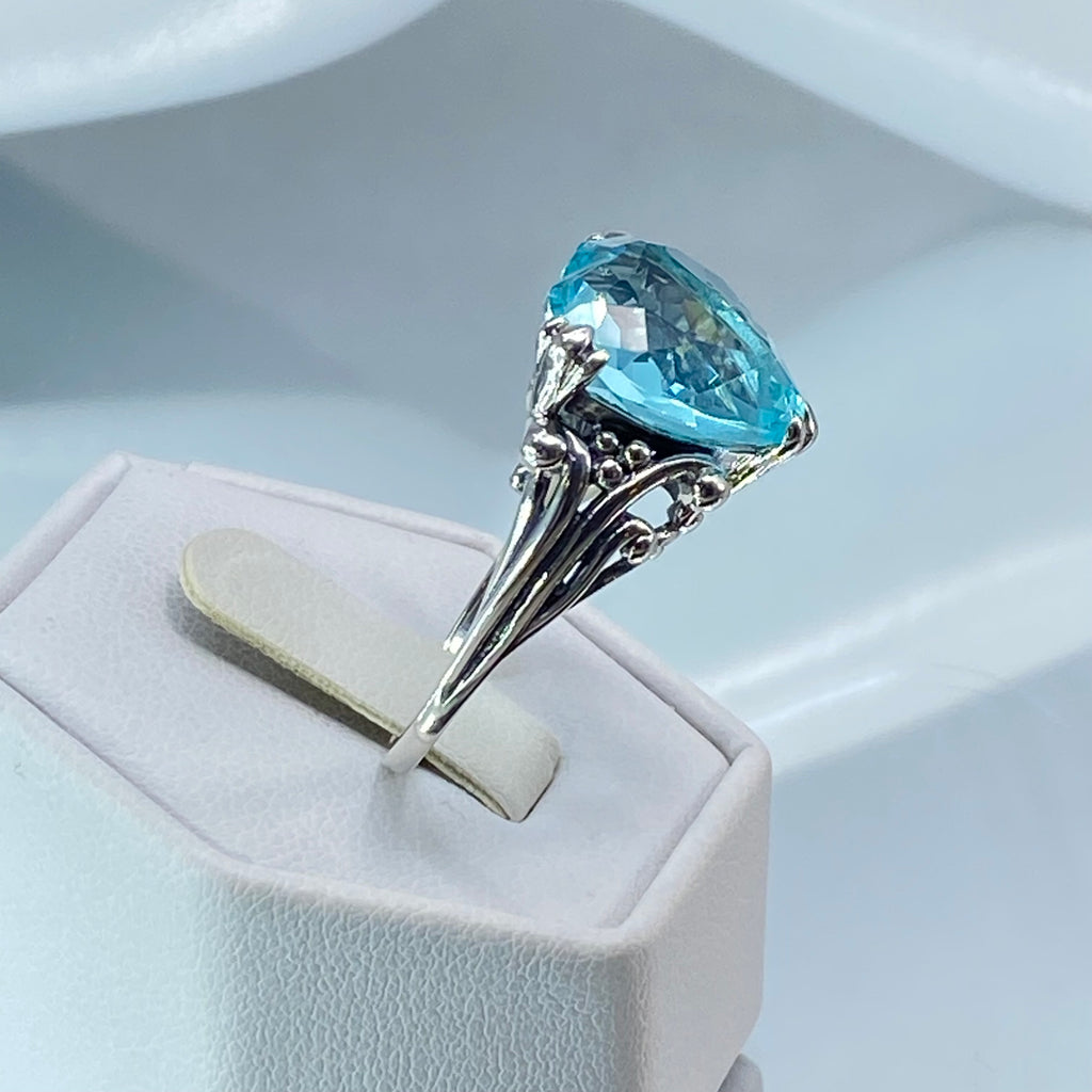 sky blue aquamarine ring with a heart shaped gem and gothic style sterling silver filigree, Silver Embrace Jewelry, D213, Heartleaf Ring