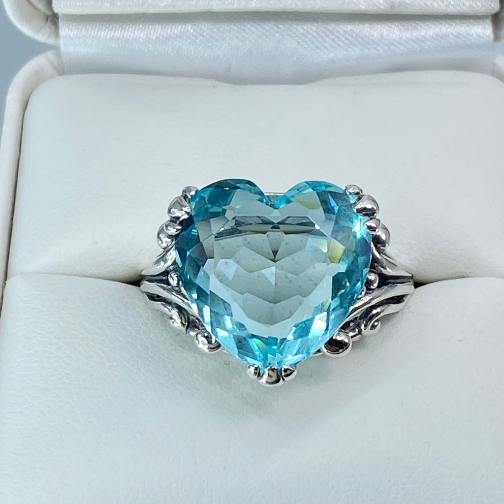 sky blue aquamarine ring with a heart shaped gem and gothic style sterling silver filigree, Silver Embrace Jewelry, D213, Heartleaf Ring