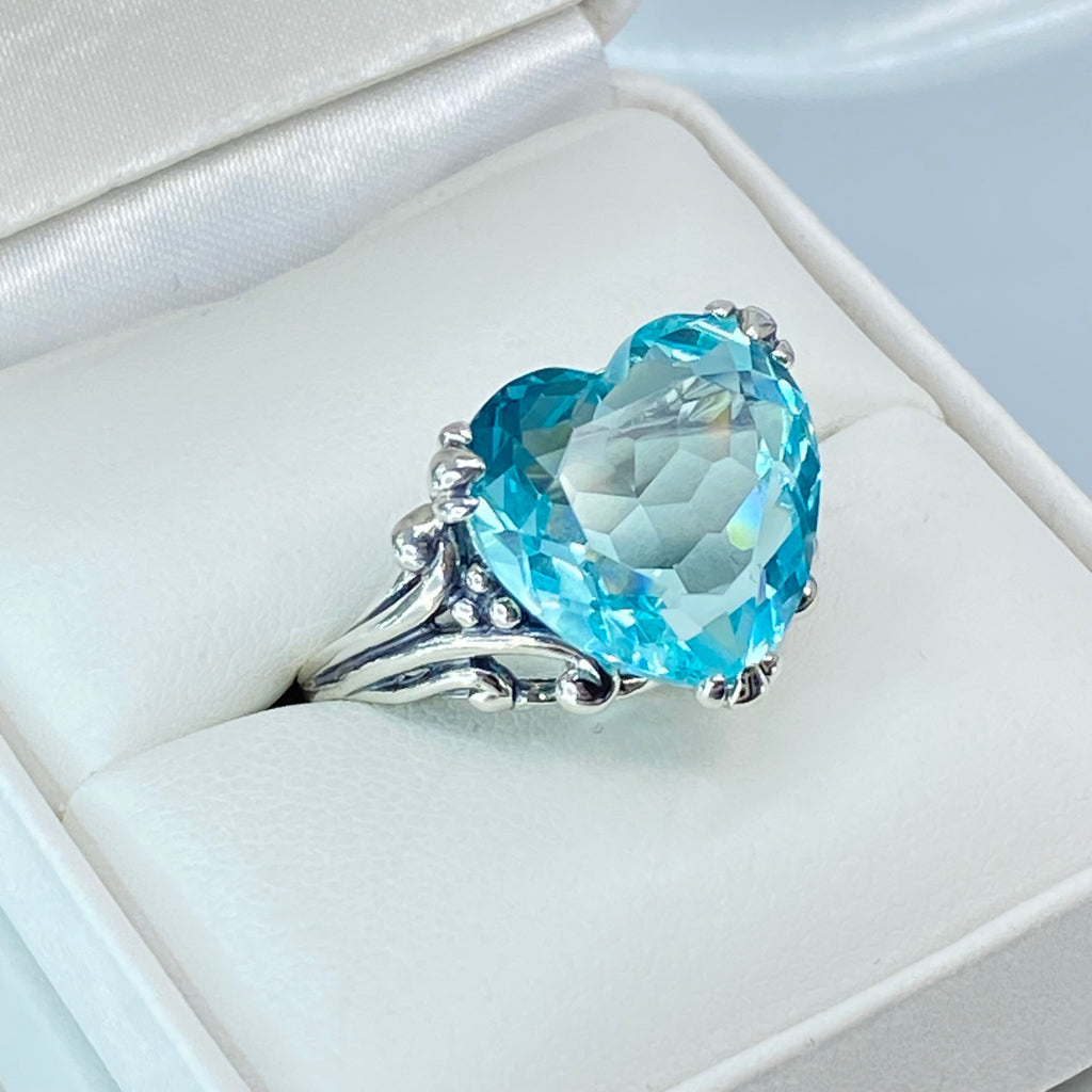 sky blue aquamarine ring with a heart shaped gem and gothic style sterling silver filigree, Silver Embrace Jewelry, D213, Heartleaf Ring