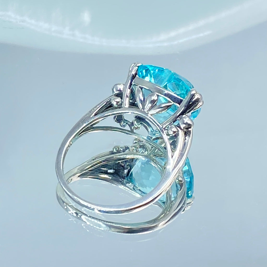 sky blue aquamarine ring with a heart shaped gem and gothic style sterling silver filigree, Silver Embrace Jewelry, D213, Heartleaf Ring