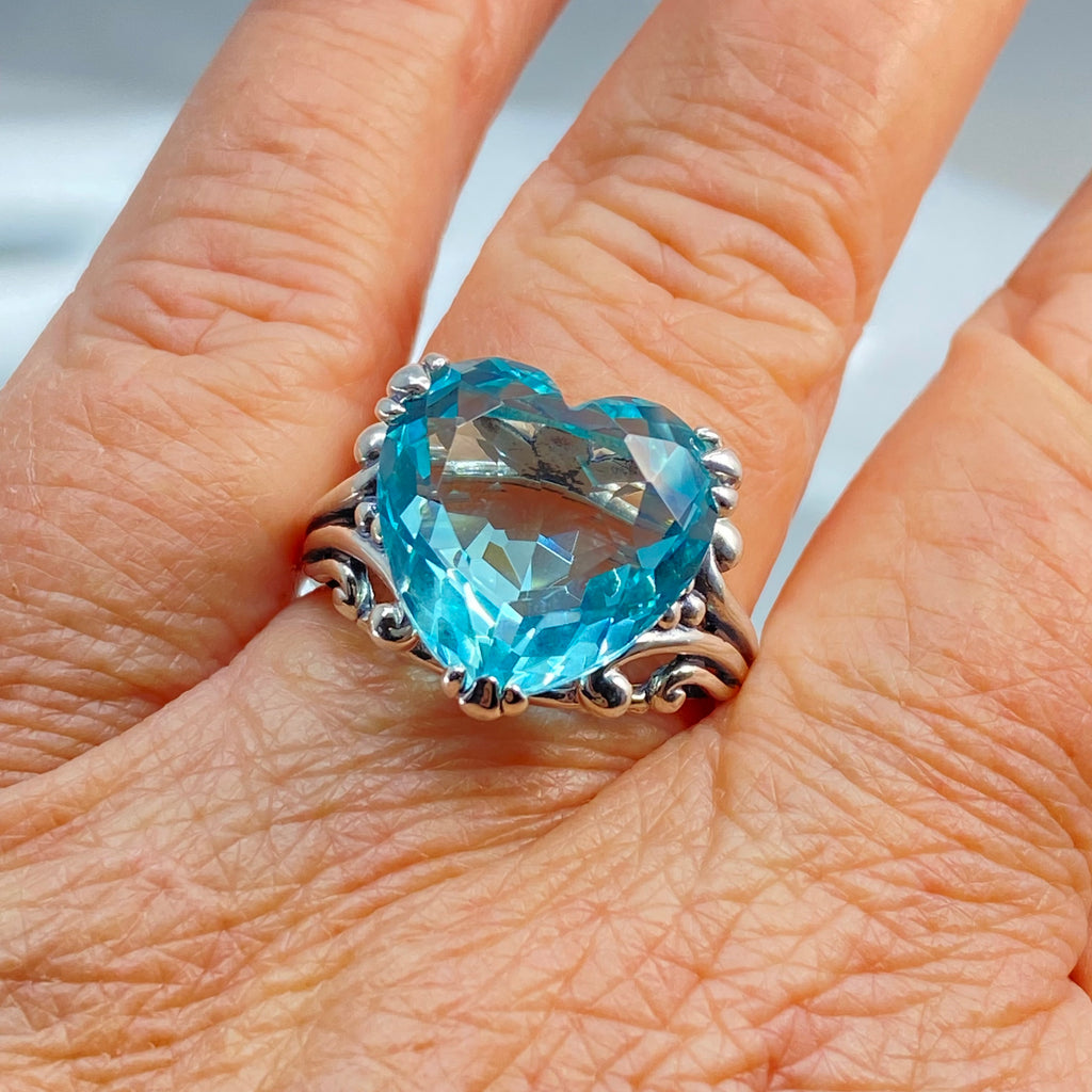 sky blue aquamarine ring with a heart shaped gem and gothic style sterling silver filigree, Silver Embrace Jewelry, D213, Heartleaf Ring