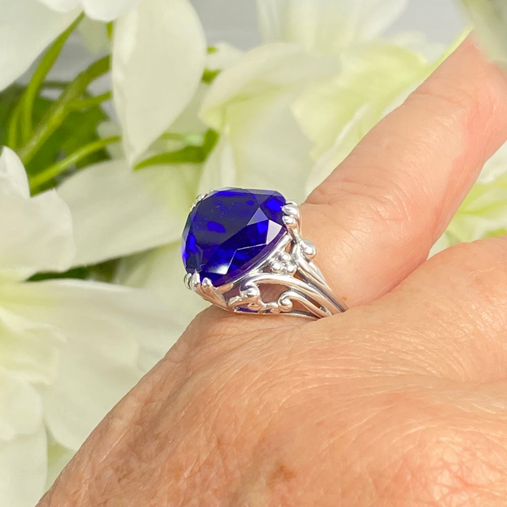 Blue Sapphire Ring, Heart shaped Gem, Art Deco Filigree, Sterling silver, D213