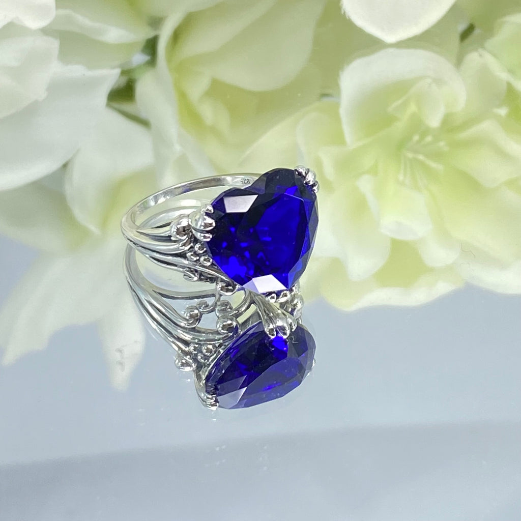 Blue Sapphire Ring, Heart shaped Gem, Art Deco Filigree, Sterling silver, D213