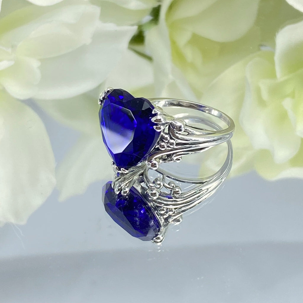 Blue Sapphire Ring, Heart shaped Gem, Art Deco Filigree, Sterling silver, D213