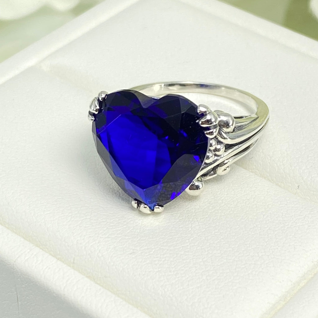 Blue Sapphire Ring, Heart shaped Gem, Art Deco Filigree, Sterling silver, D213