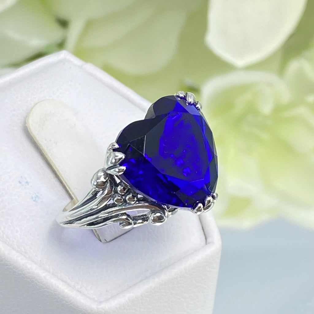 Blue Sapphire Ring, Heart shaped Gem, Art Deco Filigree, Sterling silver, D213