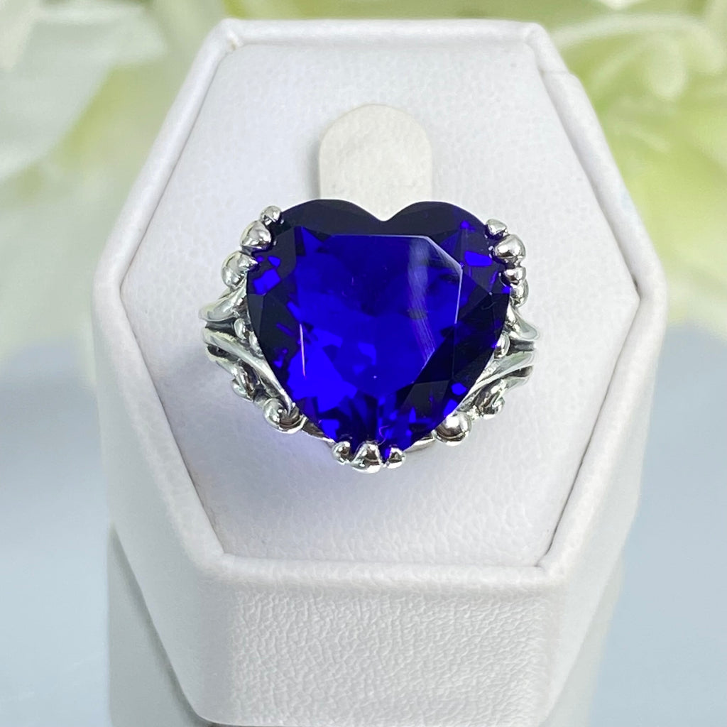 Blue Sapphire Ring, Heart shaped Gem, Art Deco Filigree, Sterling silver, D213