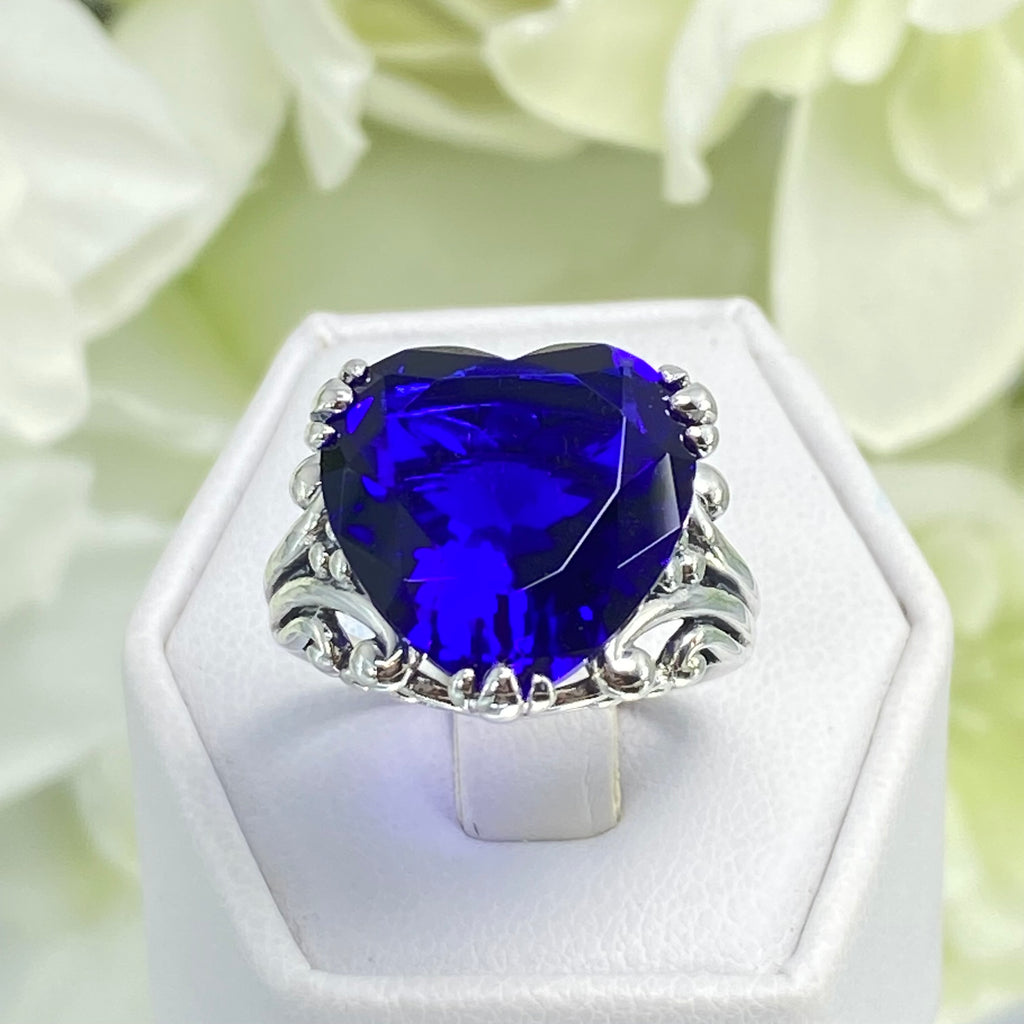 Blue Sapphire Ring, Heart shaped Gem, Art Deco Filigree, Sterling silver, D213