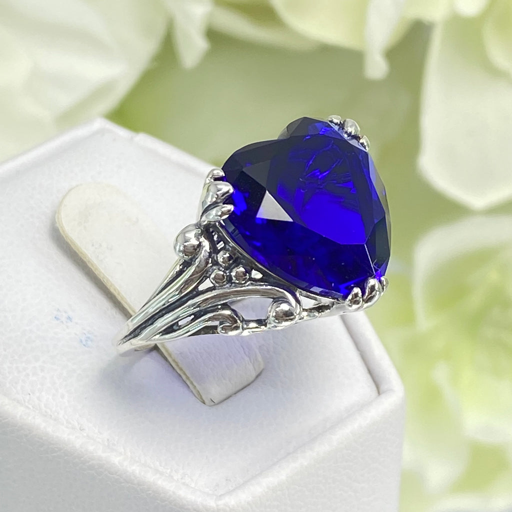 Blue Sapphire Ring, Heart shaped Gem, Art Deco Filigree, Sterling silver, D213