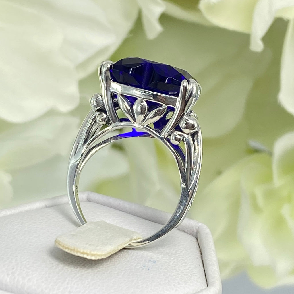 Blue Sapphire Ring, Heart shaped Gem, Art Deco Filigree, Sterling silver, D213