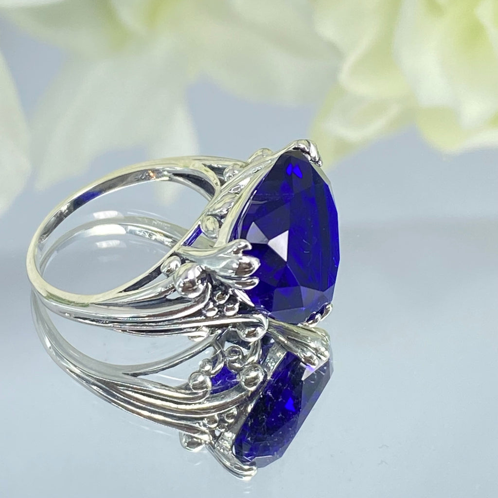 Blue Sapphire Ring, Heart shaped Gem, Art Deco Filigree, Sterling silver, D213