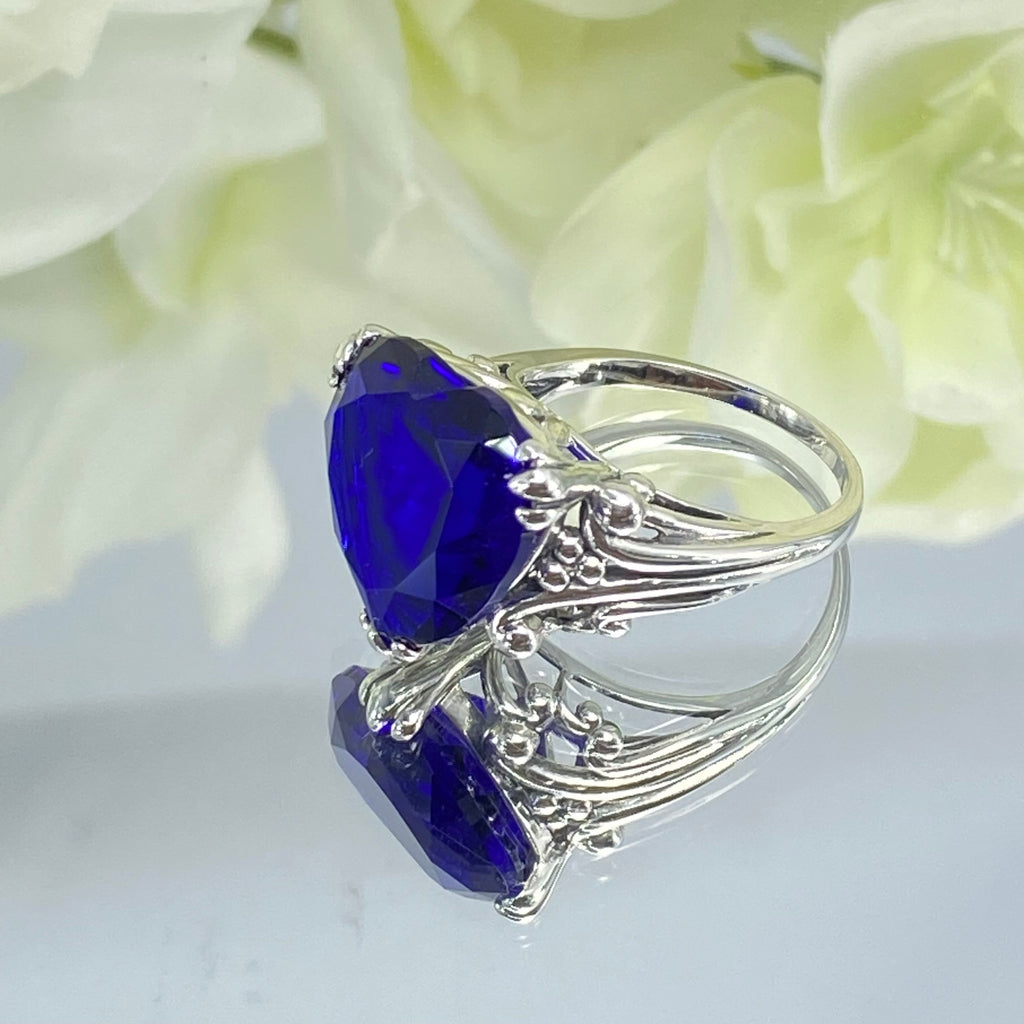 Blue Sapphire Ring, Heart shaped Gem, Art Deco Filigree, Sterling silver, D213