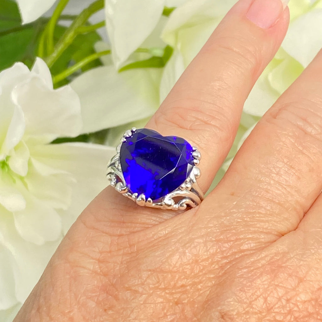 Blue Sapphire Ring, Heart shaped Gem, Art Deco Filigree, Sterling silver, D213