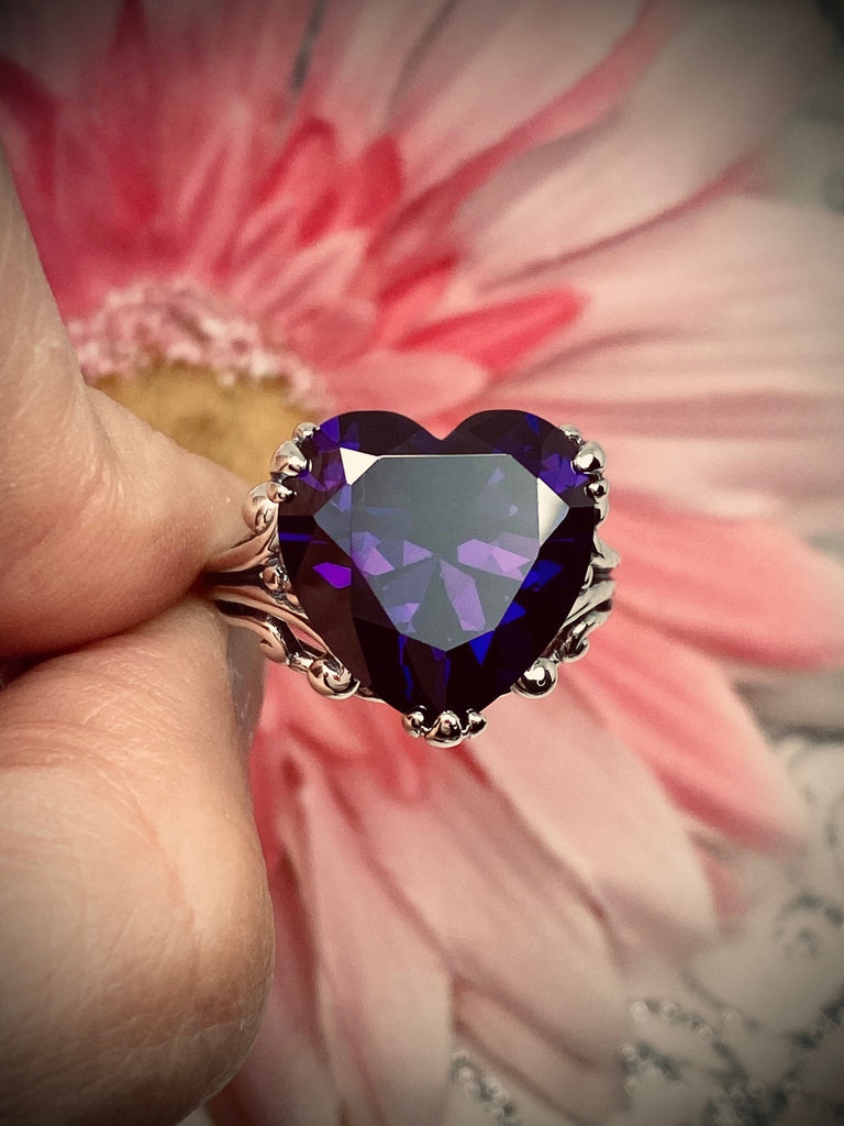 Purple Amethyst CZ Ring, Amethyst Ring, Purple Ring, Cubic Zirconia Amethyst, Sterling Silver Filigree, Heart Ring, Silver embrace jewelry, HeartLeaf, D213