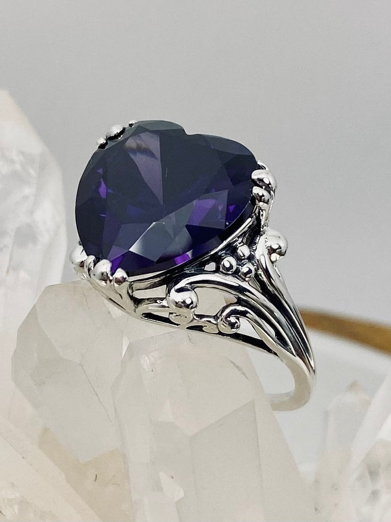 Purple Amethyst CZ Ring, Amethyst Ring, Purple Ring, Cubic Zirconia Amethyst, Sterling Silver Filigree, Heart Ring, Silver embrace jewelry, HeartLeaf, D213