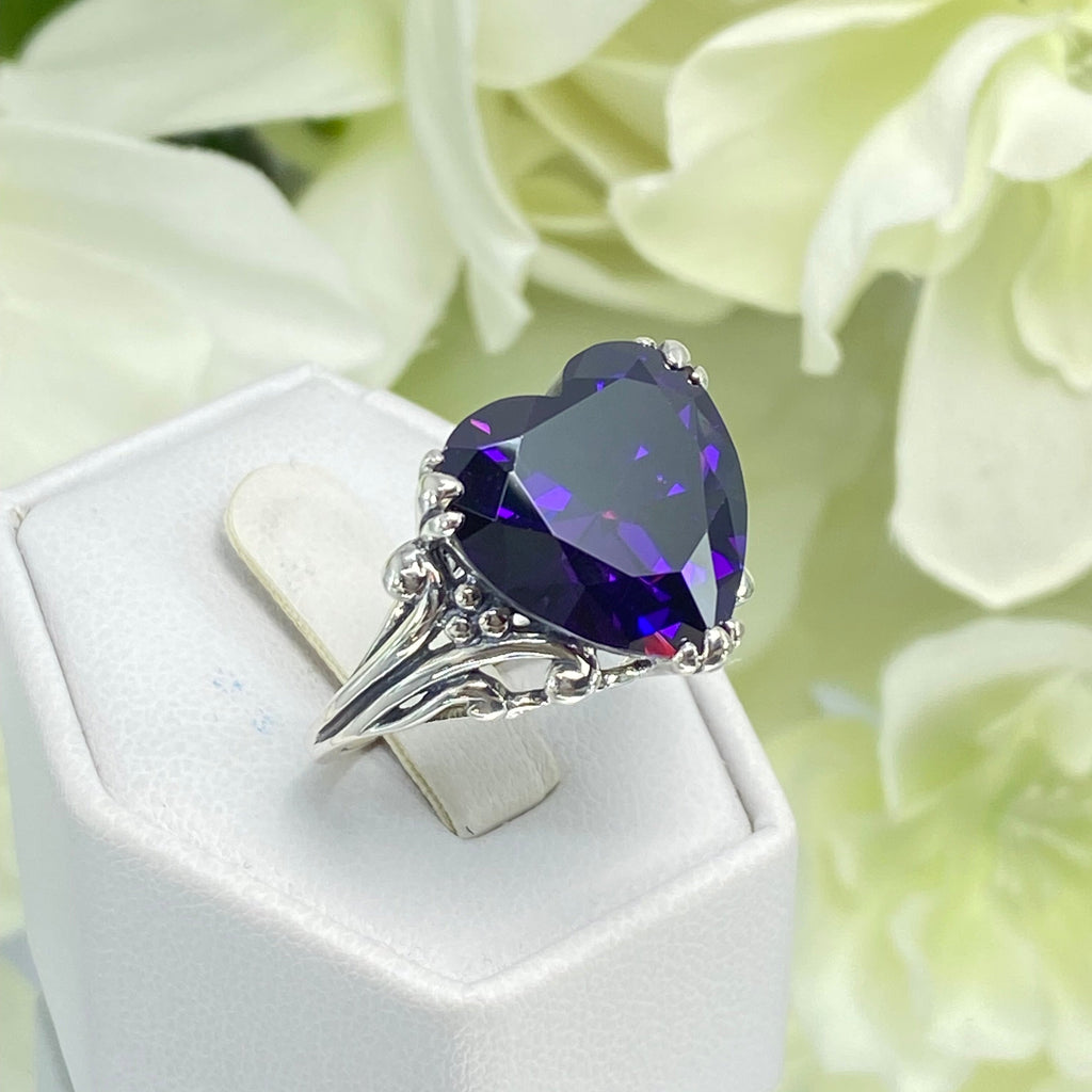 Purple Amethyst CZ Ring, Amethyst Ring, Purple Ring, Cubic Zirconia Amethyst, Sterling Silver Filigree, Heart Ring, Silver embrace jewelry, HeartLeaf, D213