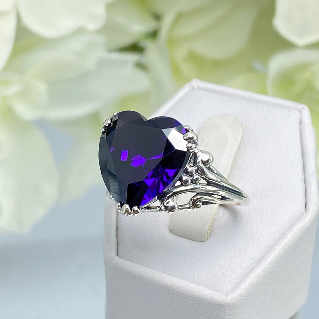 Purple Amethyst CZ Ring, Amethyst Ring, Purple Ring, Cubic Zirconia Amethyst, Sterling Silver Filigree, Heart Ring, Silver embrace jewelry, HeartLeaf, D213