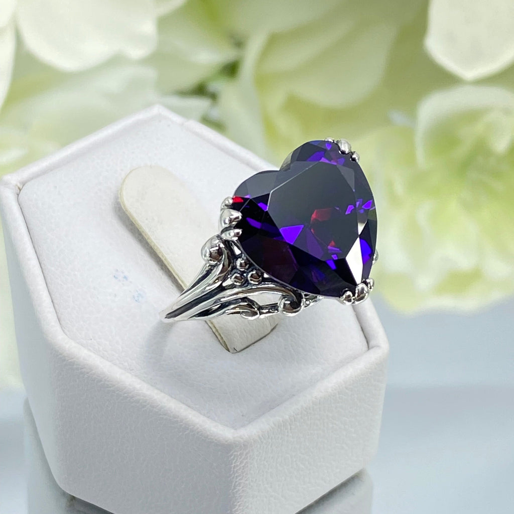 Purple Amethyst CZ Ring, Amethyst Ring, Purple Ring, Cubic Zirconia Amethyst, Sterling Silver Filigree, Heart Ring, Silver embrace jewelry, HeartLeaf, D213